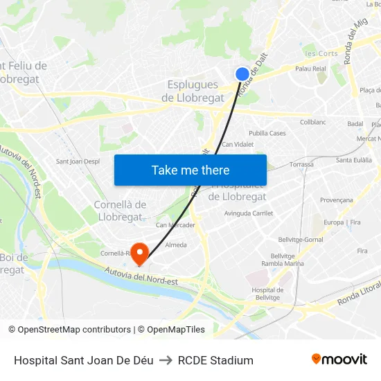Hospital Sant Joan De Déu to RCDE Stadium map