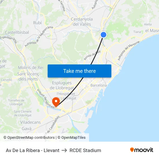 Av De La Ribera - Llevant to RCDE Stadium map