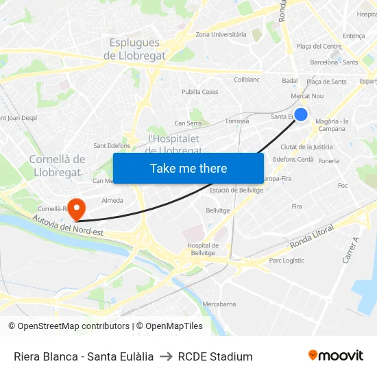 Riera Blanca - Santa Eulàlia to RCDE Stadium map