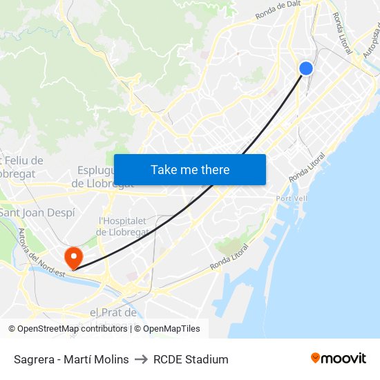 Sagrera - Martí Molins to RCDE Stadium map