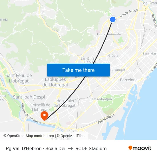 Pg Vall D'Hebron - Scala Dei to RCDE Stadium map