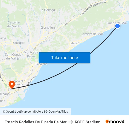 Estació Rodalies De Pineda De Mar to RCDE Stadium map