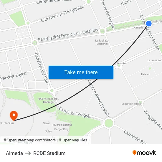 Almeda to RCDE Stadium map