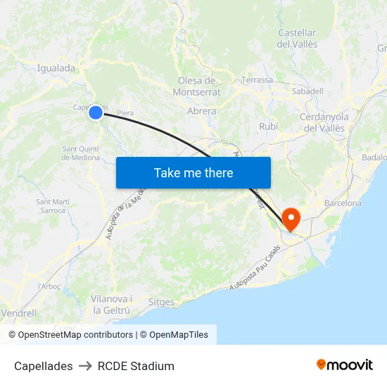 Capellades to RCDE Stadium map