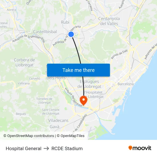 Hospital General to RCDE Stadium map