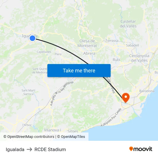 Igualada to RCDE Stadium map