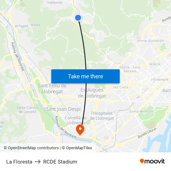 La Floresta to RCDE Stadium map