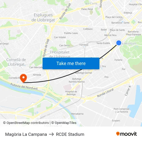 Magòria La Campana to RCDE Stadium map