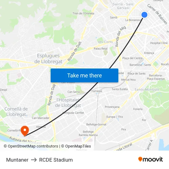 Muntaner to RCDE Stadium map