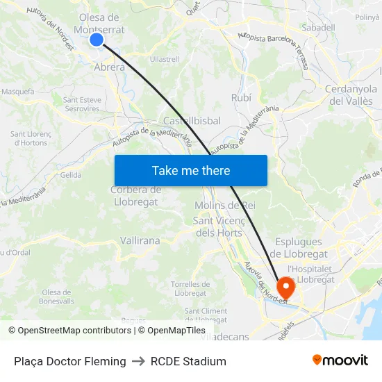 Plaça Doctor Fleming to RCDE Stadium map