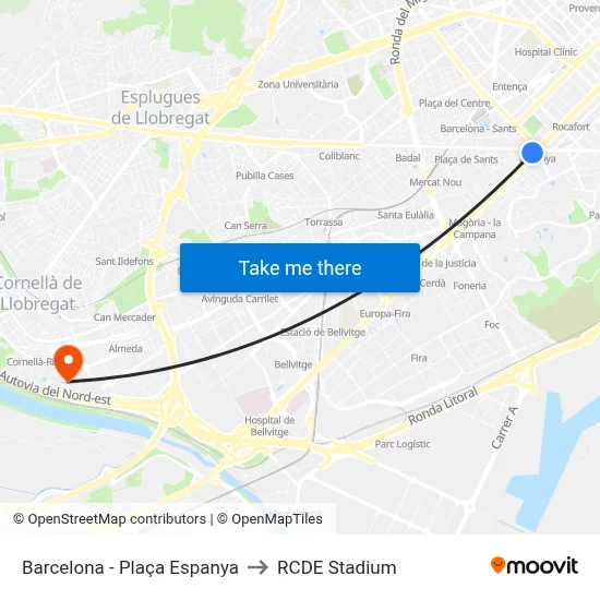 Barcelona - Plaça Espanya to RCDE Stadium map