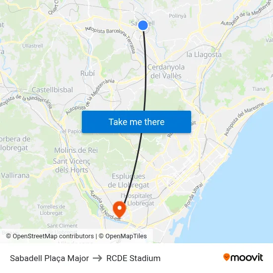 Sabadell Plaça Major to RCDE Stadium map