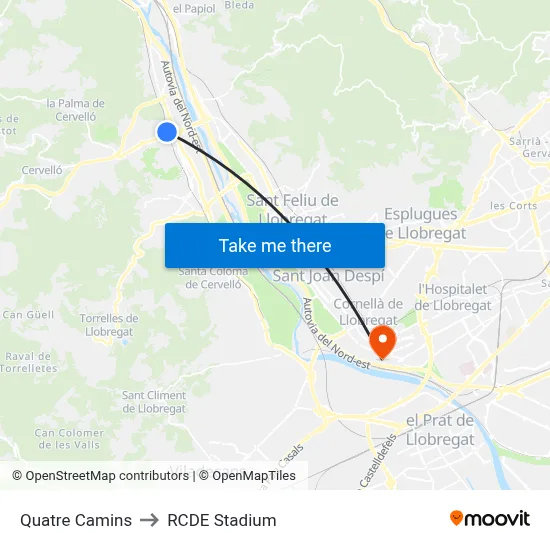 Quatre Camins to RCDE Stadium map