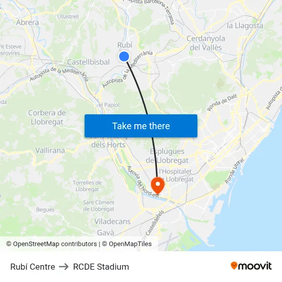 Rubí Centre to RCDE Stadium map
