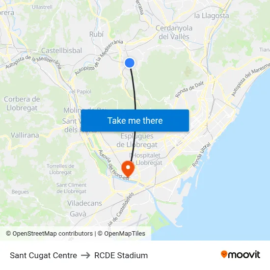 Sant Cugat Centre to RCDE Stadium map
