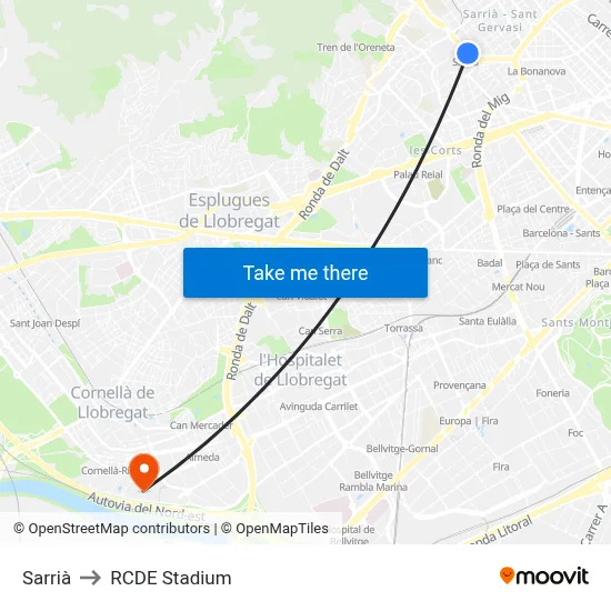 Sarrià to RCDE Stadium map