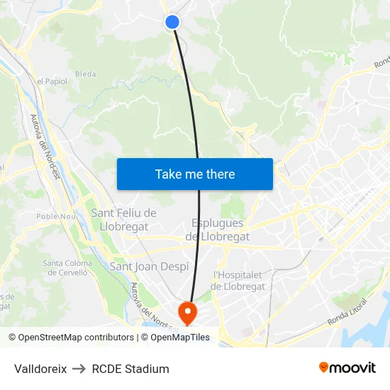 Valldoreix to RCDE Stadium map