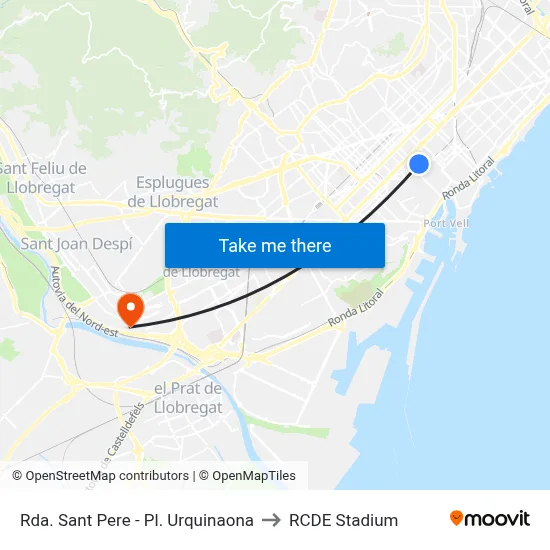 Rda. Sant Pere - Pl. Urquinaona to RCDE Stadium map