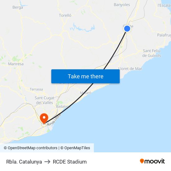 Rbla. Catalunya to RCDE Stadium map