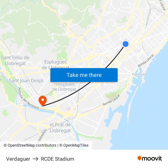 Verdaguer to RCDE Stadium map