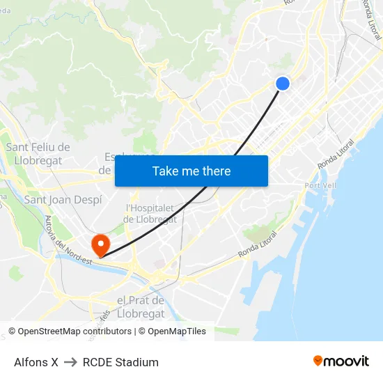 Alfons X to RCDE Stadium map