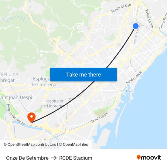 Onze De Setembre to RCDE Stadium map