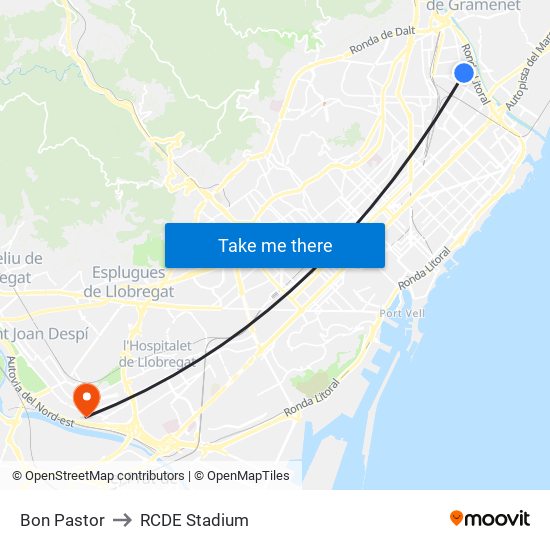 Bon Pastor to RCDE Stadium map