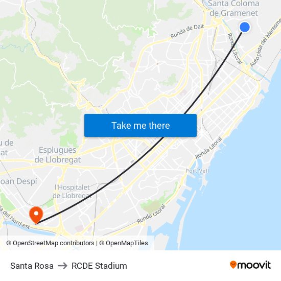 Santa Rosa to RCDE Stadium map