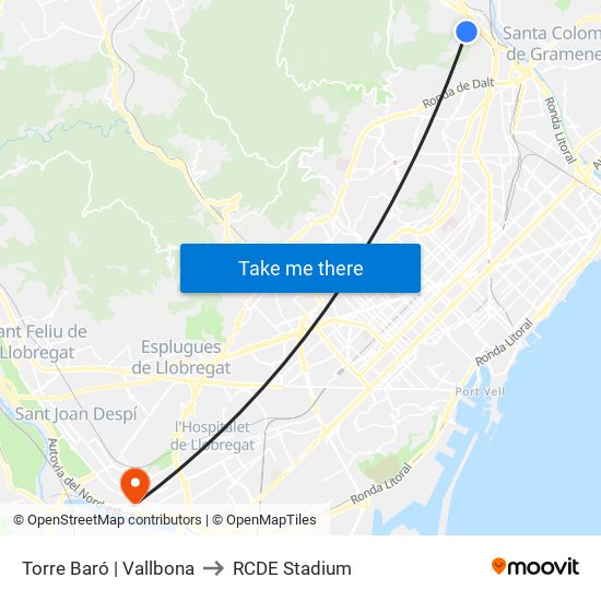 Torre Baró | Vallbona to RCDE Stadium map