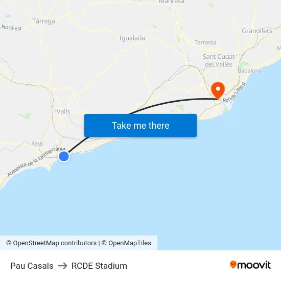 Pau Casals to RCDE Stadium map