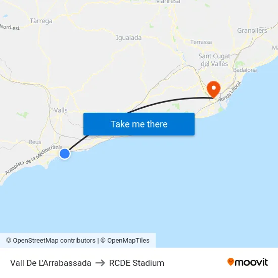 Vall De L'Arrabassada to RCDE Stadium map