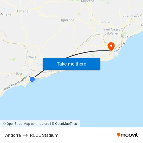 Andorra to RCDE Stadium map