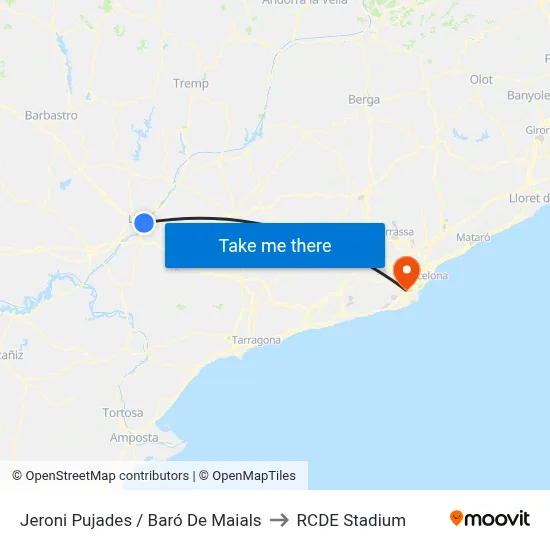 Jeroni Pujades / Baró De Maials to RCDE Stadium map