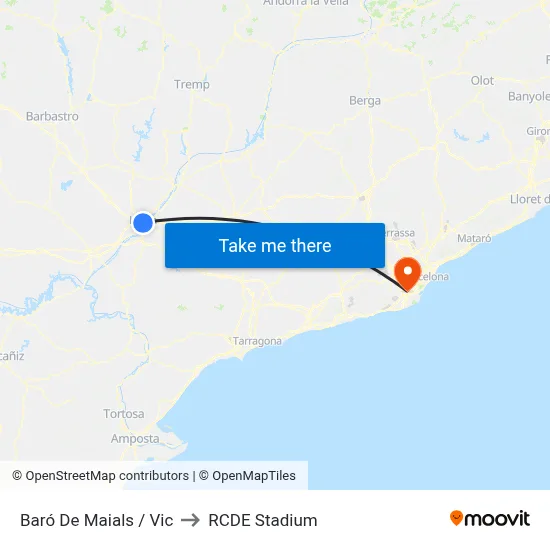 Baró De Maials / Vic to RCDE Stadium map