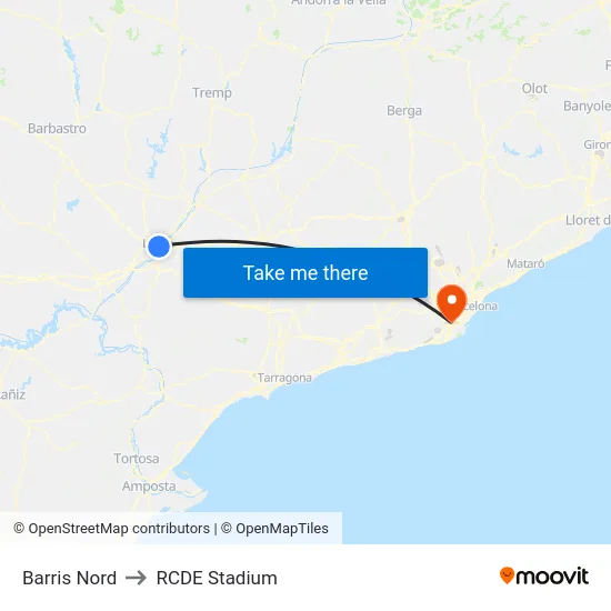 Barris Nord to RCDE Stadium map