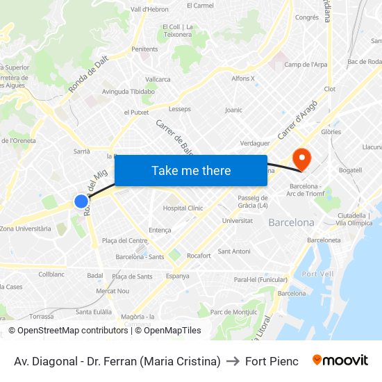 Av. Diagonal - Dr. Ferran (Maria Cristina) to Fort Pienc map