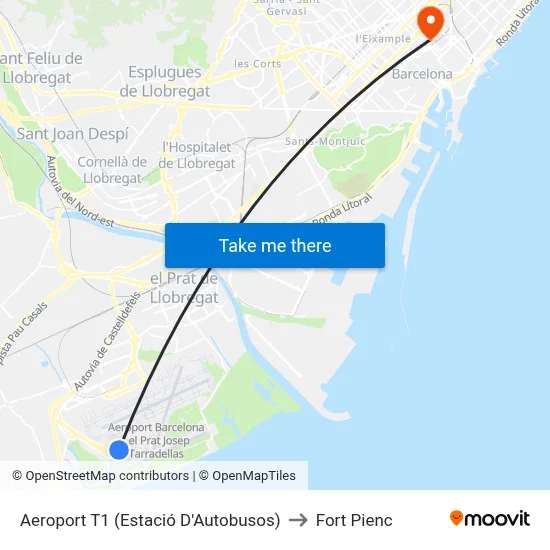 Aeroport T1 (Estació D'Autobusos) to Fort Pienc map