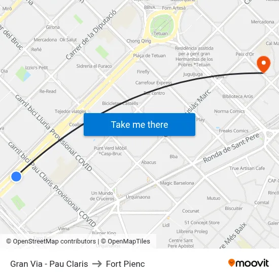 Gran Via - Pau Claris to Fort Pienc map