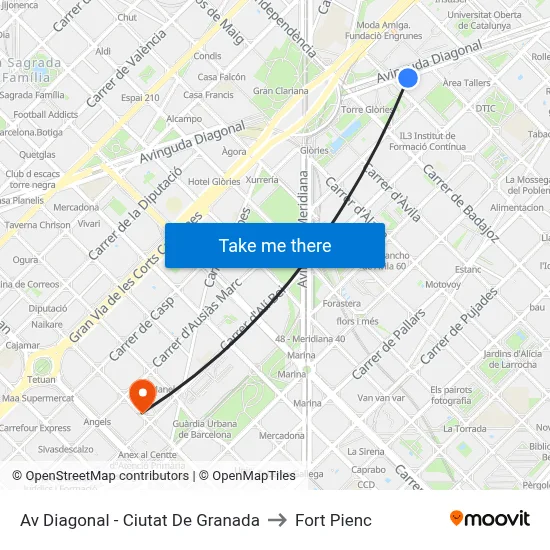 Av Diagonal - Ciutat De Granada to Fort Pienc map