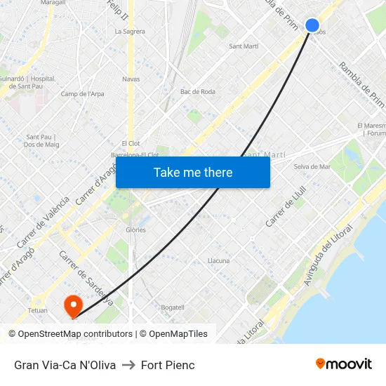 Gran Via-Ca N'Oliva to Fort Pienc map