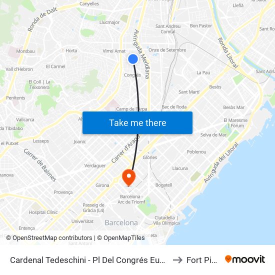 Cardenal Tedeschini - Pl Del Congrés Eucarístic to Fort Pienc map