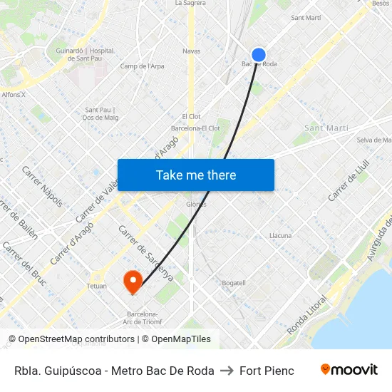 Rbla. Guipúscoa - Metro Bac De Roda to Fort Pienc map
