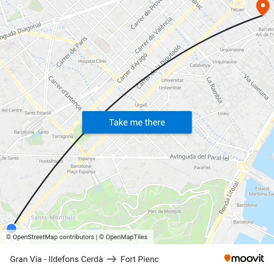 Gran Via - Ildefons Cerdà to Fort Pienc map