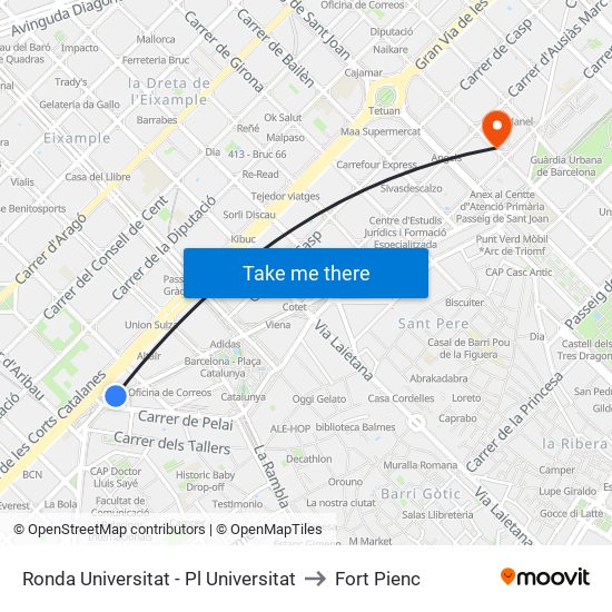 Ronda Universitat - Pl Universitat to Fort Pienc map