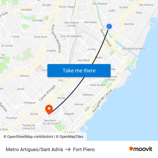 Metro Artigues/Sant Adrià to Fort Pienc map