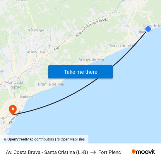 Av. Costa Brava - Santa Cristina (Ll-B) to Fort Pienc map
