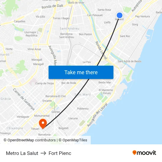 Metro La Salut to Fort Pienc map