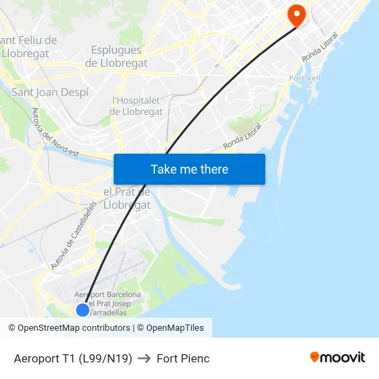 Aeroport T1 to Fort Pienc map