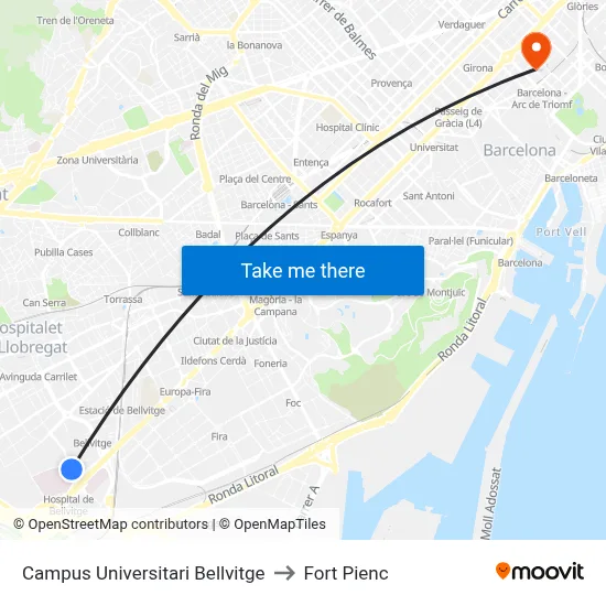 Campus Universitari Bellvitge to Fort Pienc map