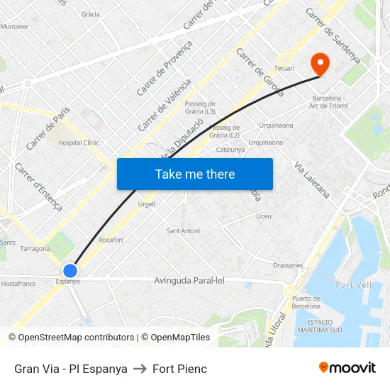Gran Via - Pl Espanya to Fort Pienc map